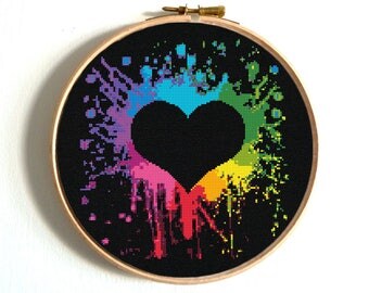 Heart Cross Stitch Pattern Colorful Rainbow Embroidery Love Counted Chart Birthday DIY Wedding Printable PDF Sampler Funny Easy