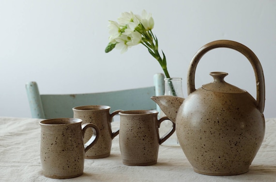 Vintage ceramic Tea set with 3 cups. Vintage pottery.