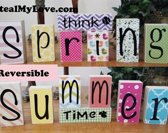 Think Spring - Summer Time: DIY Unfinished Wood n Vinyl - Think Spring and Summer Letter Decoration Kit- Reversible Blocks Letters