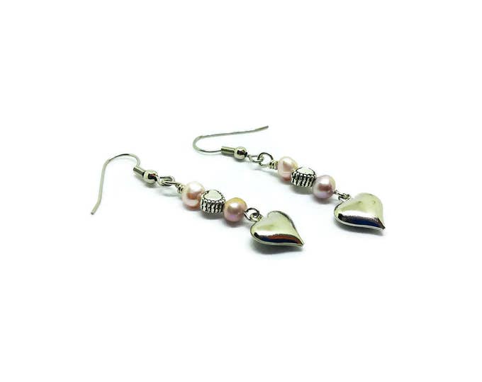 Freshwater Pearl Heart Earrings, Heart Charm Earrings, Pearl Dangle Earrings, Valentine's Day Gift, Mother's Day Gift, Unique Birthday Gift