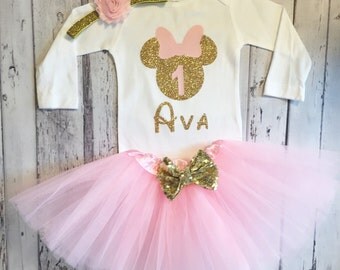Pink and Gold Personalized Minnie Mouse 1st Birthday Outfit Cake Smash Minnie Mouse 1st Birthday Shirt Pink and Gold Minnie Birthday Party