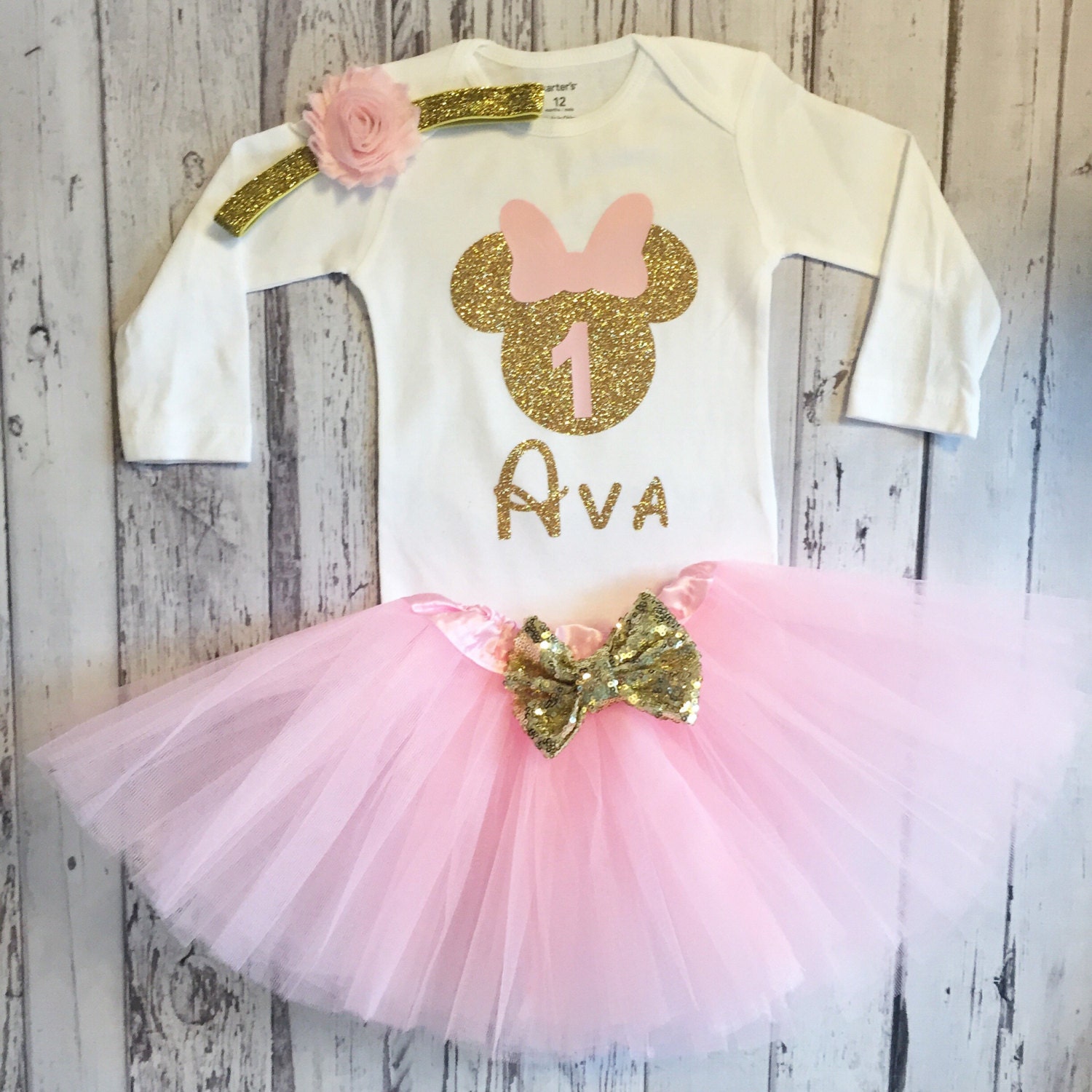 Pink and Gold Personalized Minnie Mouse 1st Birthday Outfit