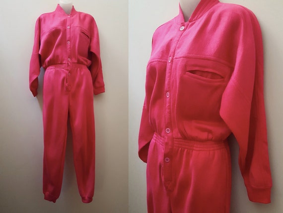 SALE 1980s Jumpsuit // 80s Hot Pink Sweatsuit Jumpsuit Fall