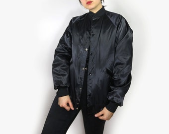 Black Satin Bomber Jacket Men's Small Medium Women's Large Oversize