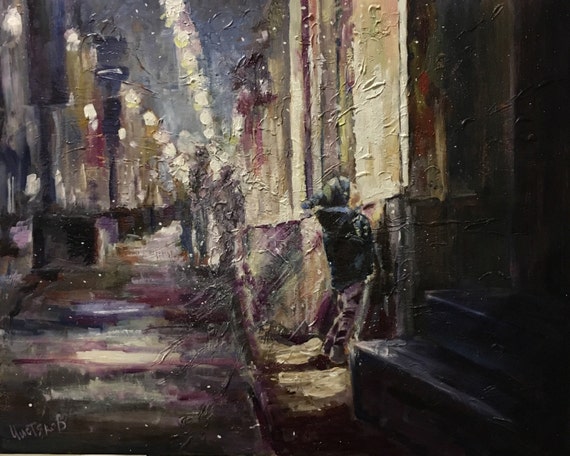 Oil Painting On Canvas Child Portrait Night Cityscape Artwork