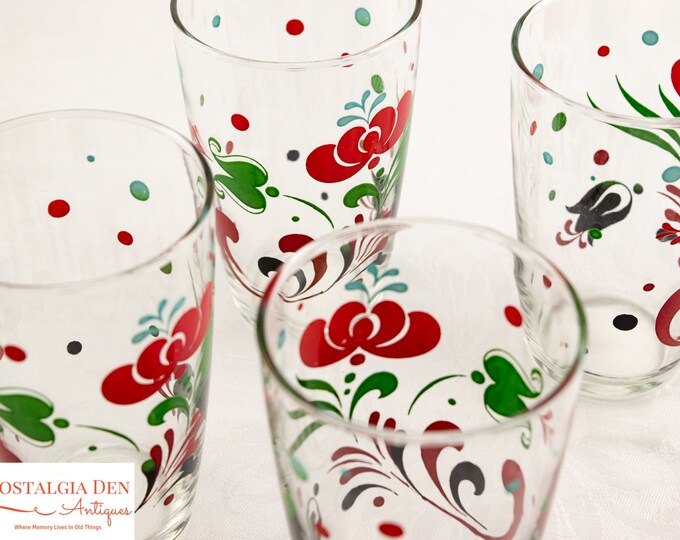 Vintage Glass Tumblers | 12 Oz PA Dutch Style Folk Art Glasses | Set of 7