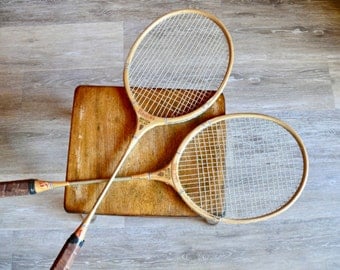 2 Spalding Match Play Badminton Racquets, Rustic Wood and Aluminum, Mid Century Athletic Wall Decor