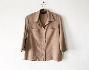Vintage Womens Brown 90s Silk Blouse - Button Front Cocoa Top Large