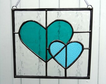 Hearts entwined stained glass window panel, fused glass art, colourful handmade lightcatcher, Valentine gift for her, wedding anniversary