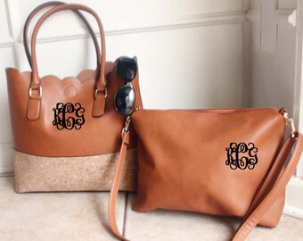 Monogram Scalloped Cork Leather Tote bag,Purse,handbag,monogram bag pocketbook in Camel Brown, Monogram Leather Handbag