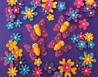 50 edible fondant BUTTERFLY and FLOWER cupcake toppers. Cake decorations. Vibrant colours.