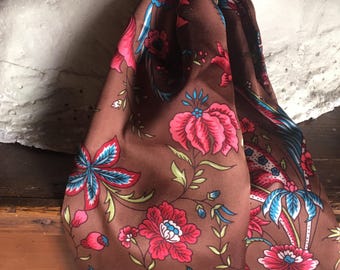 French Vintage Floral Silk Long Scarf Bright Red Blue Floral Tones on Rich Brown Background / Chic Elegant French Accessory