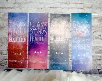 Set of Four Literary Quote Bookmarks, galaxy bookmarks, bookworm for her, Literary Gifts, Virginia Woolf, Nietzsche, Sarah Williams