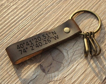 Personalized Coordinates Keychain GPS Leather Keychain Latitude Longitude Leather Keychain Mens Latitude Longitude Keychain