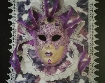 Handmade, Original, One of a Kind, Paper Mache, "Framed Purple Princess" Mask created by Soraya Ahmed, The Maskweaver