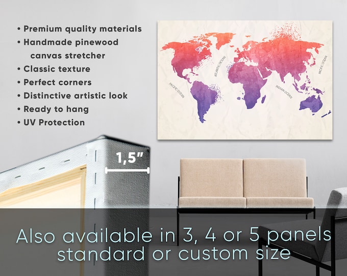 Colorful Watercolor World Map Canvas Set, Abstract World Map Print / 1,3,4 or 5 Panels on Canvas Wall Art for Home & Office Decoration