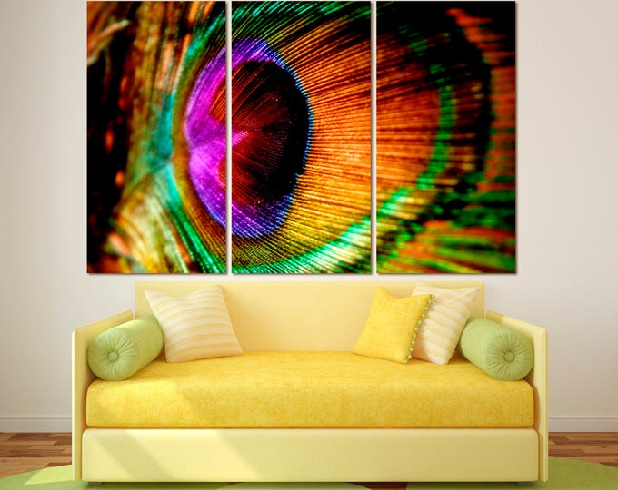 Large colorful peacock wall art print canvas set home and office decor of 3 or 5 panels, red, purple, green, yellow peacock feather wall art