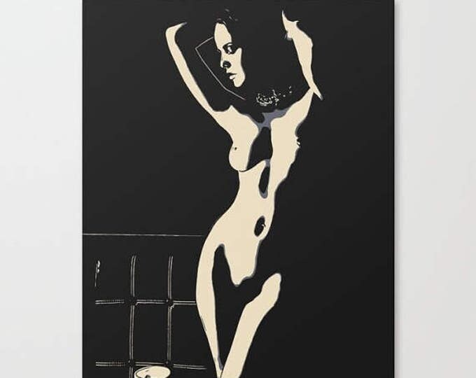 Erotic Art Canvas Print - Sexy posing with coffee, unique sexy conte style image, perfect shapes girl pop art, sensual high quality artwork