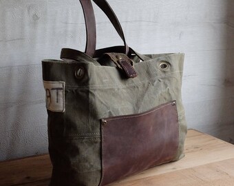 Recycled military canvas, leather tote bag, eco vintage fabrics
