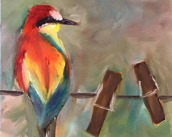 Colorful Bird on Clothesline Original Oil Painting