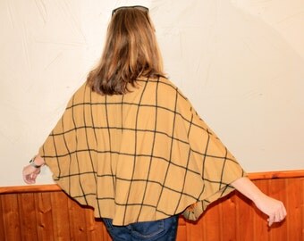 SALE Vintage Women's Sweater Poncho - Tan, Rectangular Geometric Pattern - High Fashion, Mod
