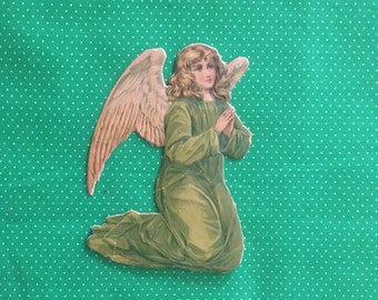 Christmas Angel Ephemera- Vintage, Very Old, Embossed, Printed in Germany, Angel in Green Dress with Wings from Nativity. Can Use for Crafts
