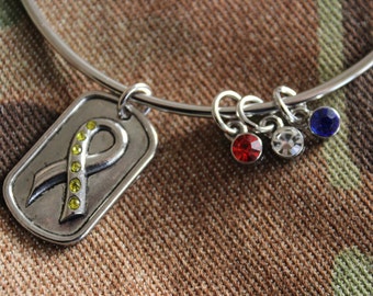 Mini Dog Tag Bangle Bracelet Jewelry "Yellow Ribbon" Personalized Birthstone Dangle Charms Patriot Veteran United States Military Baggage
