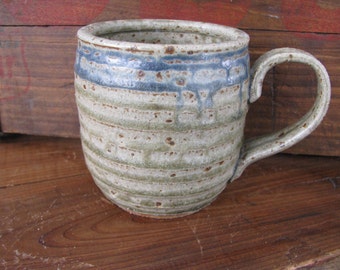 Handmade Pottery Mug, Fancy Ceramic Mug, Stoneware Coffee Cup, Green with Blue spots and runs, Coffee Mug