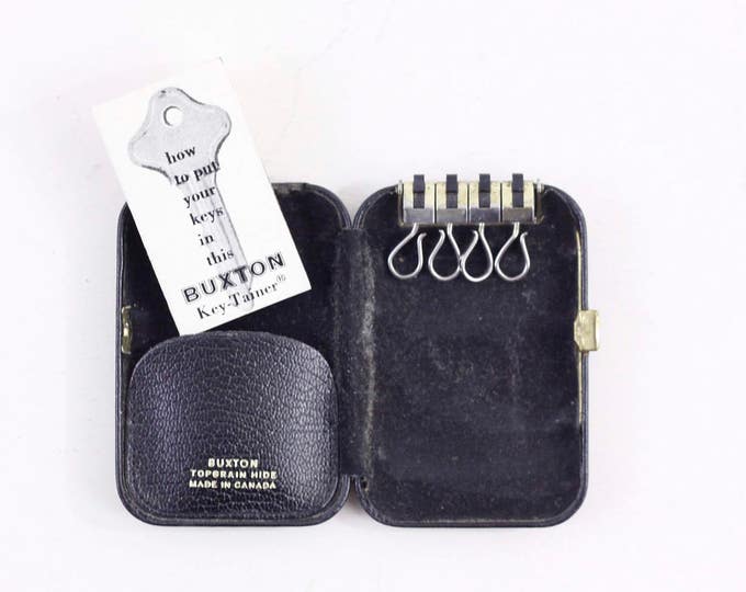 Hard case key wallet, black leather covered key wallet, key case for 4 keys, vintage key holder, key tainer by Buxton c 1950s, topgrain hide