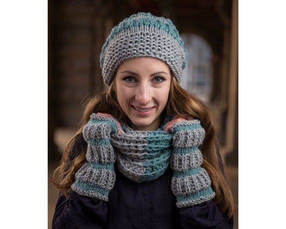 Matching Winter Set - Beanie Hat, Infinity Scarf and Fingerless Gloves, Winter Gift Set, Chunky Knit Cowl, Texting Gloves, Beanie Hat