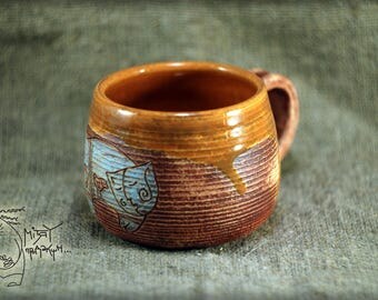 Ceramic mug with Cat, Orange cup with pussy, Unique gift, Drawing pottery mug, cat decor house warming gift, handmade teacup