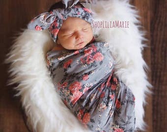Swaddle Blanket Grey Floral Swaddle Grey Swaddle Set with Free Headband