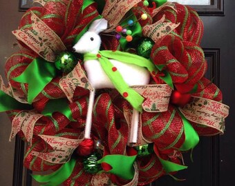 Deer wreath,Mesh Wreath,Christmas wreath,Winter wreath,Red wreath,Door hanger,Ribbon wreath,Christmas mesh wreath,Ornaments wreath,Wreath