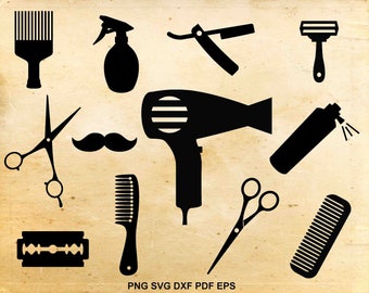 Hairdresser svg, Barber tools silhouette, Hair salon, Hair dryer svg, Scissors, Razor svg, Files for Silhouette Cameo, Cut files for Cricut