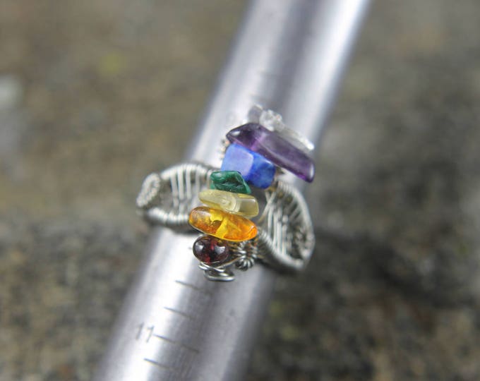 Wire Wrap Chakra Ring, Natural Rainbow Stone Beads - Quartz, Amethyst, Lapis Lazuli, Malachite, Citrine, Carnelian, and Garnet
