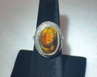 Fire agate ring with diamonds in sterling silver - free shipping - turningleafjewelryco - silver jewelry- fire agate ring
