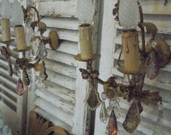 Pretty pair of French tole and crystal wall lights