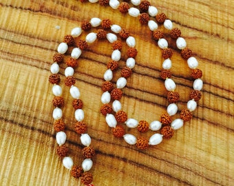 Rudraksha and Pearl 'JYOTI MALA Beads' - Light, Love & Balance. Prayer Mala, Japa Mala, Meditation Mala, Rudraksha Beads.