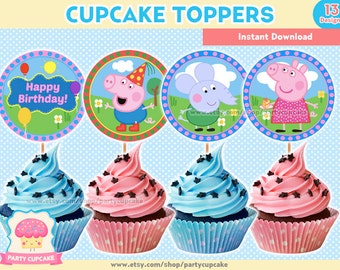 80% OFF SALE Cupcake Toppers Peppa Pig - 13 Designs - Instant Download - PDF files - High Resolution - Holiday Party