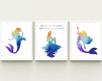 Set of 3 Disney inspired little mermaid Ariel printable watercolor nursery playroom wall art girl room, Ariel quote instant download decor