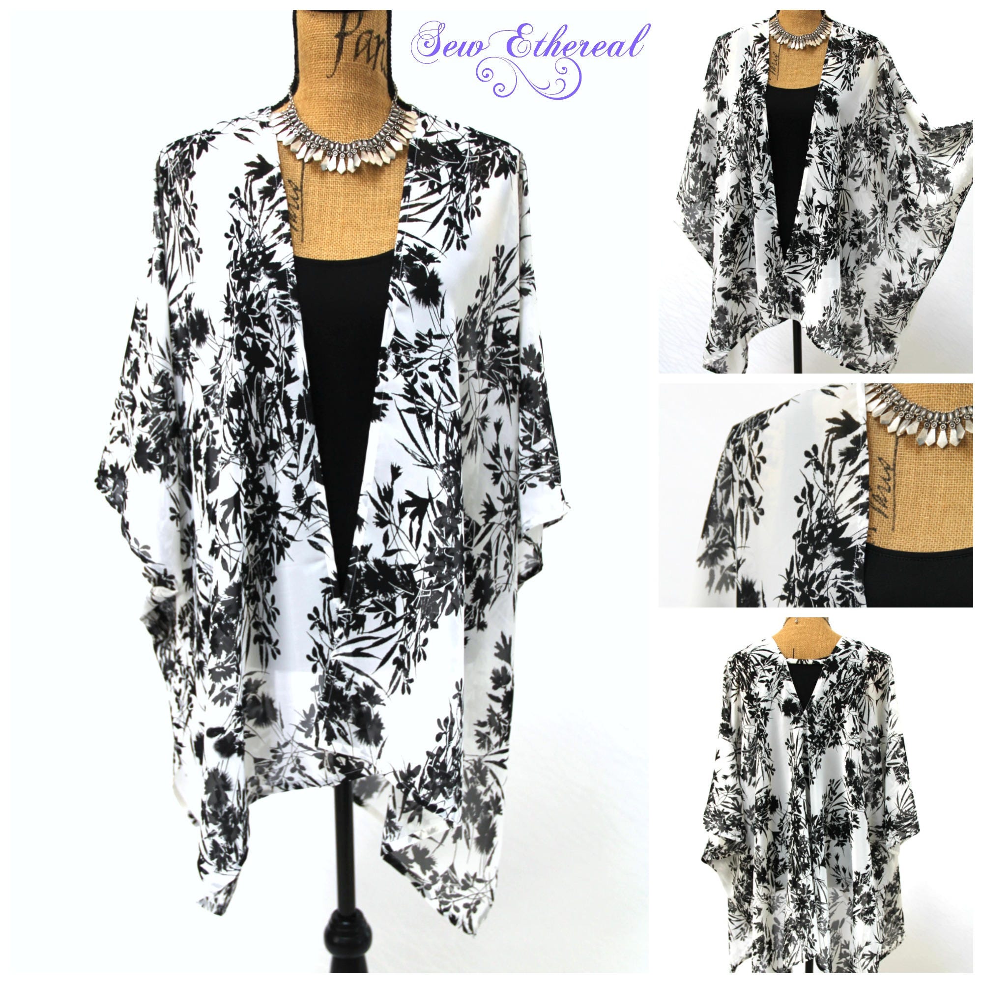 Black & White floral kimono sheer chiffon kimono beach
