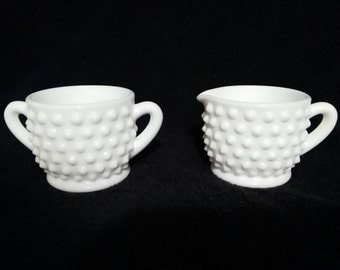 Vintage Fenton Milk Glass Hobnail Creamer and Sugar