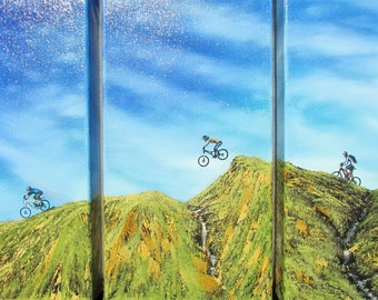 MTB Triptych. Original oil painting on 3 deep-edged canvases each one measures 30x15cm. Varnished & signed by the artist.