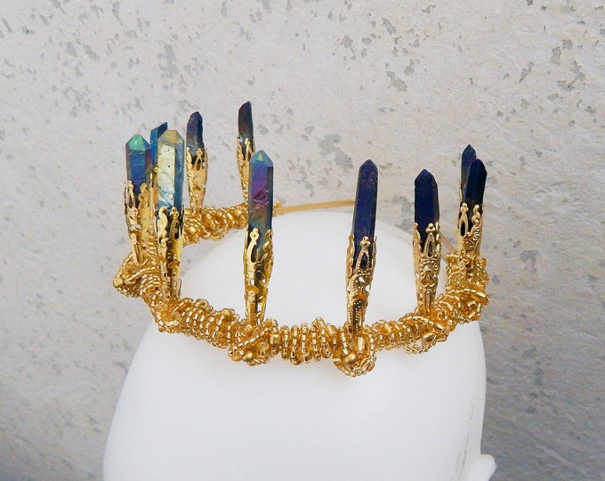 Gold princess crown tiara, queen crown, royal crown, mermaid costume crown, wedding hair accessories, bridal crystal headband headdress