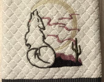Embroidered Howling Coyote Kitchen Towels. Set of 2.