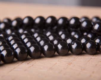 Shungite beads Round Natural 6mm, 8mm,10mm, 12 mm Polished Black Bead Length of Strand 15.5 inches Hole 0.6 mm, A quality