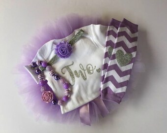 2nd Birthday Outfit Girl Two Tutu Outfit Cake Smash Shirt Purple and Silver Glitter Onesie Bodysuit Headband Photo Prop Lavender