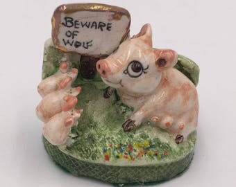 Basil Matthews England Hand Painted Pig & Piglets Beware of Wolf Miniature Figurine