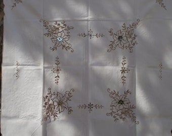 Vintage Tablecloth Cream Embroidered Flowers