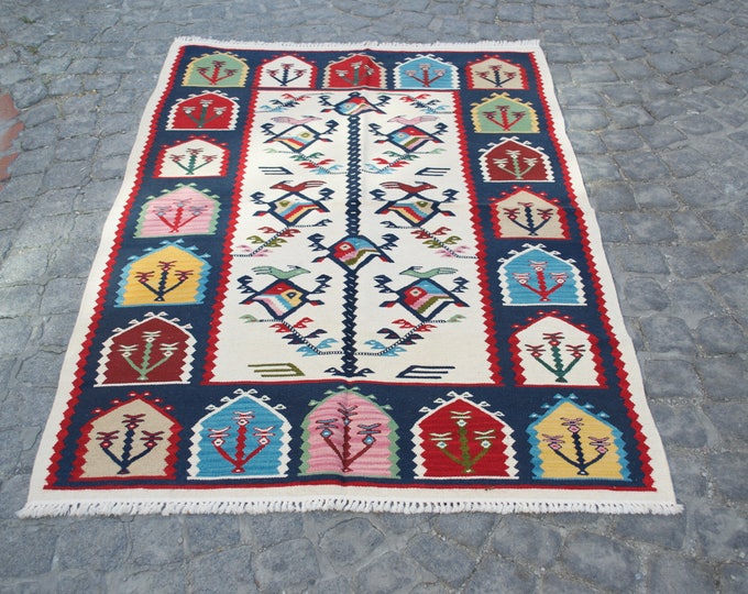 Oushak Rug, Turkish Rug, Vintage Rug, Area Carpet, kitchen Rug, Low Pile Rug, Home and Office Rug, 3,4'x5,1'/105x156cm, Handwoven Rug,Rug